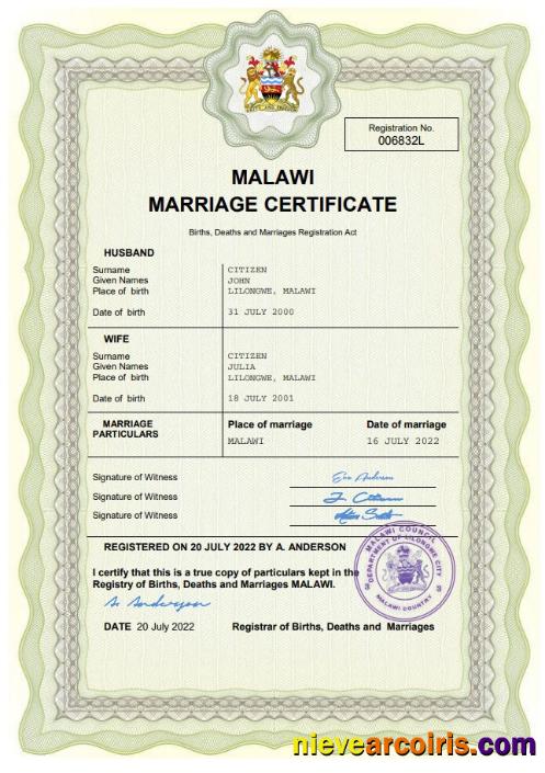 Malawi marriage certificate